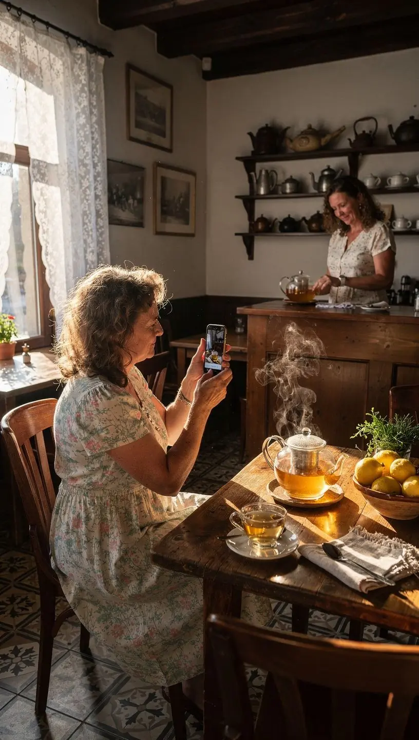 Vasaros saulės spinduliai, krintantys ant arbatos puodo