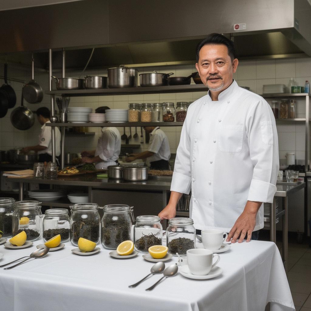 Saulėtas pavasario peizažas su citrinų medžiais ir gėlėmis.